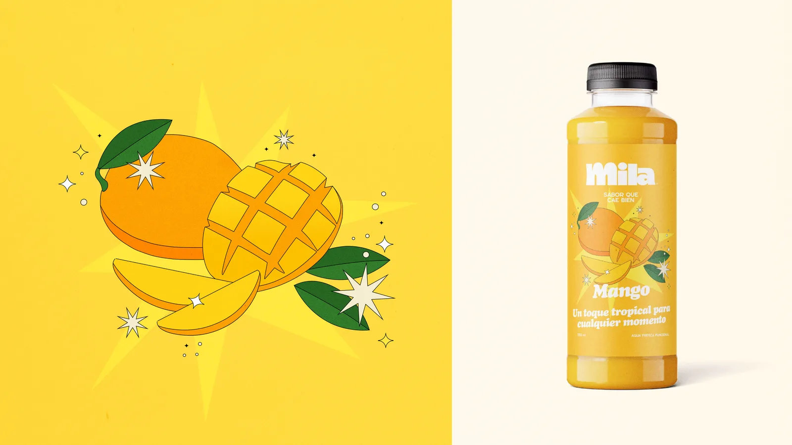 Ilustración y botella de Mila sabor mango